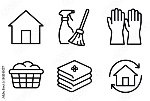 Minimalist cleaning icons set including house, spray, broom, gloves, laundry, towels