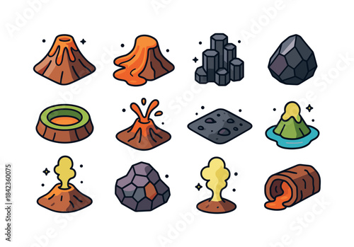 Colorful Volcanic Icon Set. Volcanic Formations. Colorful isomet