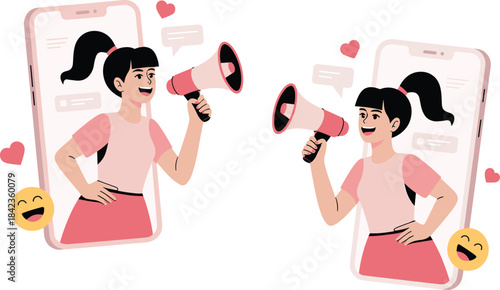 Digital Marketing and Social Media Promotion Vector Illustration: Woman with Megaphone and Smartphone