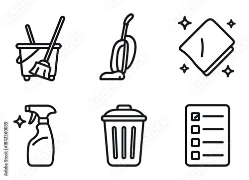Six cleaning icons: bucket, vacuum, cloth, spray bottle, trash can, checklist