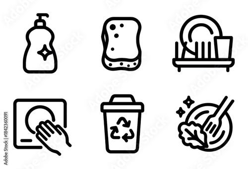 Dishwashing icons: soap, sponge, plates, recycling, kitchen cleaning set