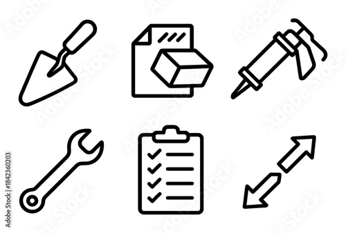 Construction tools and materials icon set on dark background