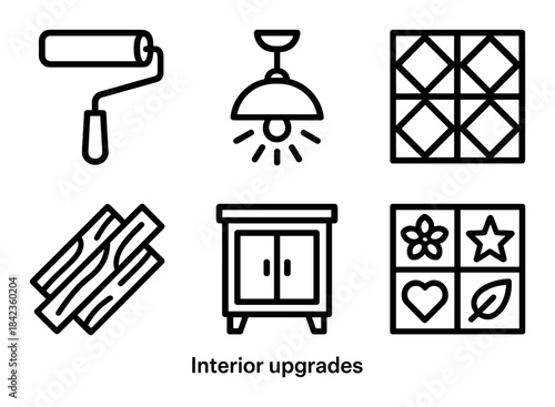 Interior upgrades: design elements including lighting, flooring, and furniture icons