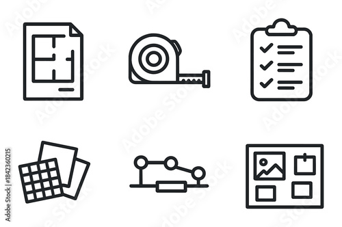 Home renovation icons: floor plan, tape measure, checklist, color swatches, graph, gallery