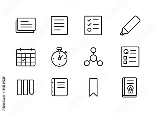 Revision Tools Icons. Revision materials. Line icon set of revis