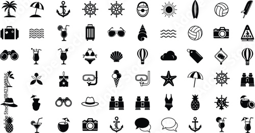 Summer beach vacation icon set including travel elements, drinks, sea symbols, umbrellas, shells, cameras, and tropical holiday illustrations