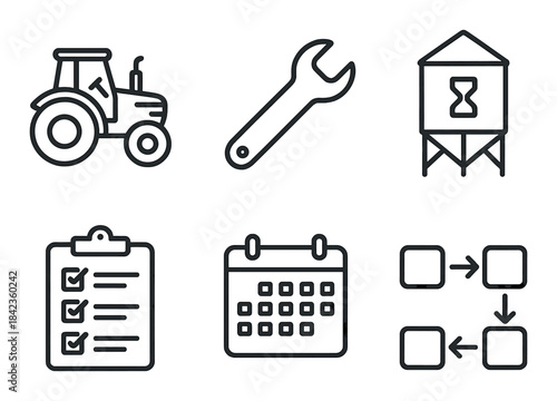 Black outline farm and work tools with calendar and checklist symbols
