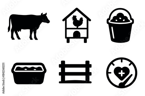 Set of farm silhouettes: cow, hen house, bucket, trough, fence, heart icon