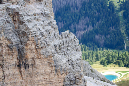 Dolomites Italy: dramatic rock formation of the massif seen from Rifugio Maria, Passo Pordoi