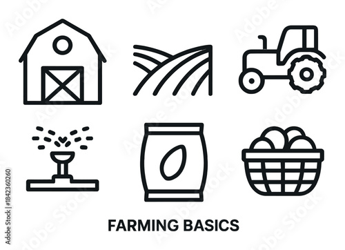 Farming basics icons: barn, field, tractor, irrigation, seeds, basket