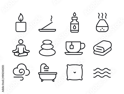 Relaxation Ritual Icons. Relaxation Rituals. Line icon set of Re