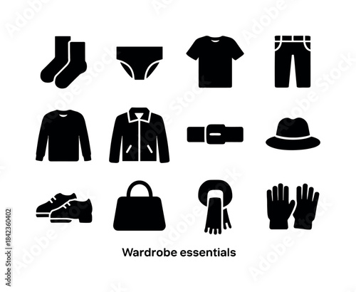 Wardrobe Essentials Icons. Wardrobe essentials. Solid icon set o