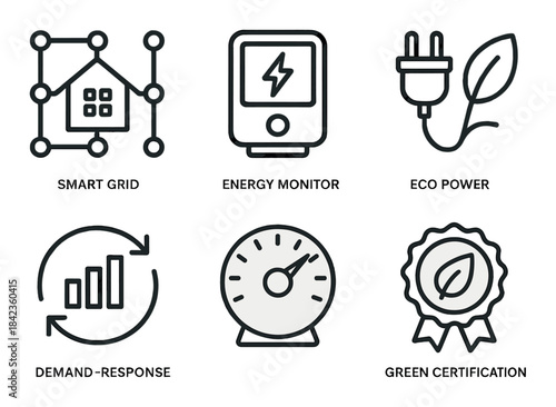 Smart energy icons: smart grid, energy monitor, eco power, demand response, green certification