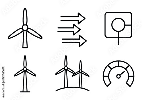 Renewable energy icons: wind turbines and efficiency symbols on dark background