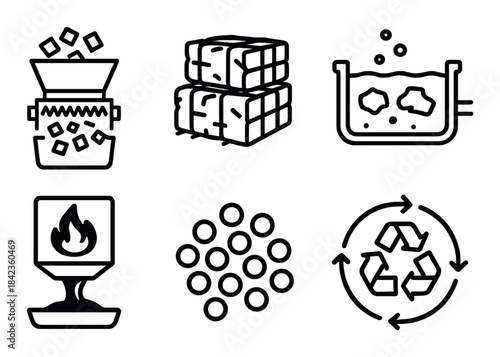 Set of recycling icons: shredding, compressing, melting, sorting, reusing processes