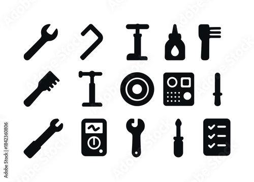 E-Bike Maintenance Icons. E-bike maintenance. Solid icon set of