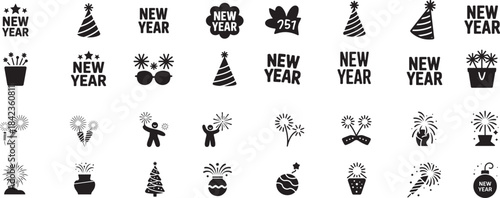 New Year Celebration Icons Collection Black and White