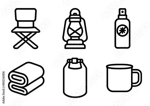 Camping essentials: folding chair, lantern, insect repellent, blanket, canister, mug icons