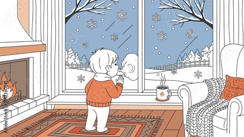 Cozy indoor scene with child blowing on frosty window while snow falls outside near fireplace