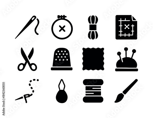 Embroidery Tools Icons. Embroidery tools. Solid icon set of embr