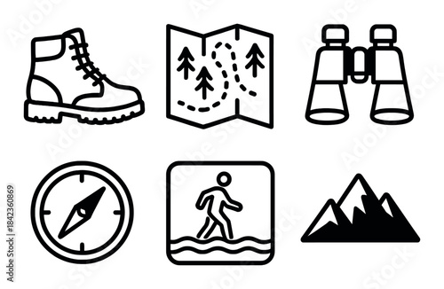 Outdoor adventure icons: boots, map, binoculars, compass, hiker, mountains