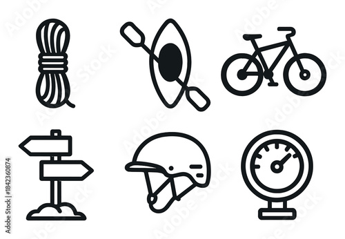 Outdoor adventure icons: kayak, bike, helmet, rope, sign, speedometer on dark background