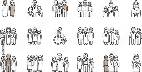Diverse group icons representing multicultural families community members and various social inclusion concepts
