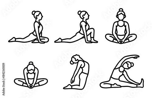 Outline of female yoga poses collection illustrating various stretching exercises