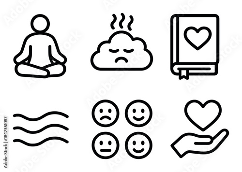 Mindfulness icons: meditation, stress relief, positive emotions, and wellbeing symbols