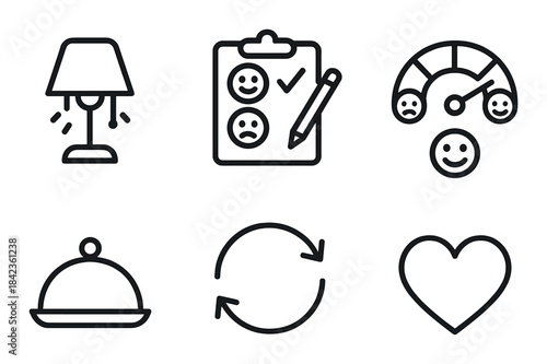 Monochrome icon set: lamp, feedback, gauge, dish, refresh, heart