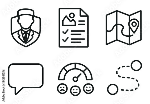 Minimalistic icons of policeman document map speech bubble speedometer path