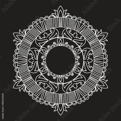 Floral mandala designs in white on black background.