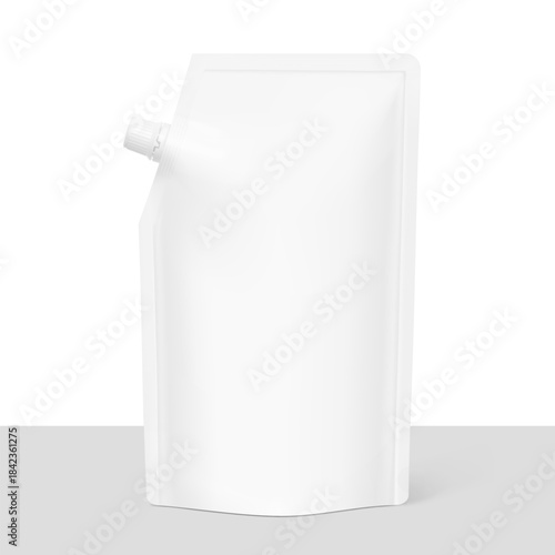 Realistic stand pouch bag with corner spout mockup. Vector illustration isolated on white and grey background. Front view. Can be use for template your design, presentation, promo, ad. EPS10.