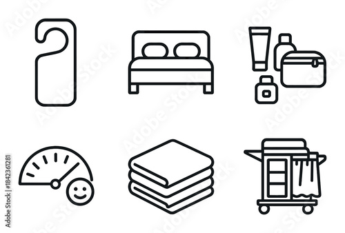 Hotel icons: bed, do not disturb, amenities, customer service, towels, housekeeping cart