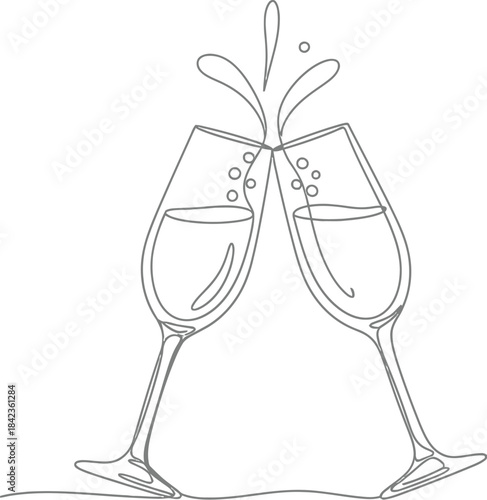 Minimalist continuous line drawing of two champagne glasses clinking together celebrating a joyous occasion or event