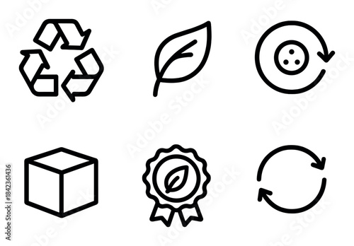 Sustainable icons: recycling, leaf, button, cube, badge, cycle