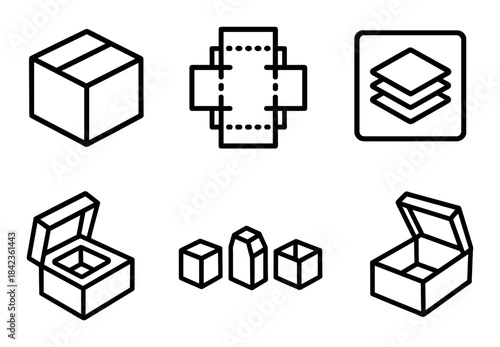Minimalistic box design icons including open, closed, and exploded views