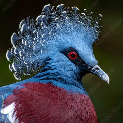 Close-up of a vibrant bird with ornate blue crest, maroon chest, and a red eye