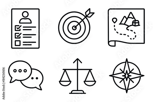 Minimalist icons for resume, target, map, chat, scale, compass on dark background