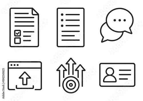 Outline icons: documents, chat bubbles, upload, target, id card on dark background