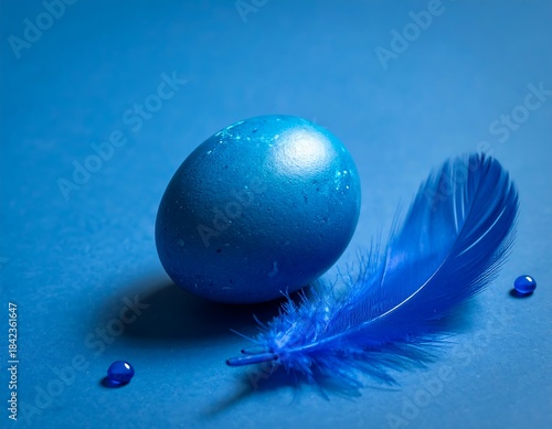 Close-up of a vibrant blue Easter egg next to a feather and two small droplets on blue background