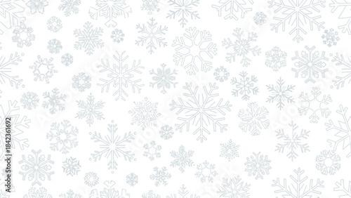 Seamless pattern of delicate blue line art snowflakes scattered across a bright white winter background texture