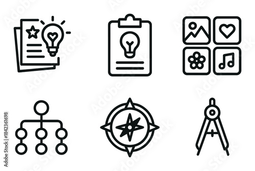 Creative icons set: lightbulb, clipboard, grid, hierarchy, compass, compass tool