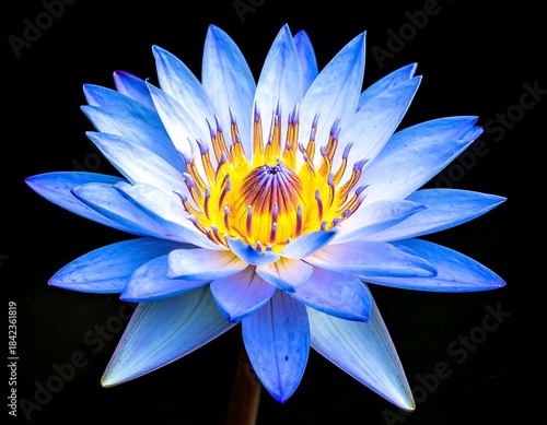 Close-up of a vibrant blue lotus flower with a yellow center, against a black background