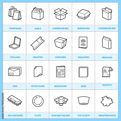 Ready icon sheet for separating paper waste. Vector elements are made with high contrast, well suited to different scales and on different media. Ready for use in your design. EPS10.