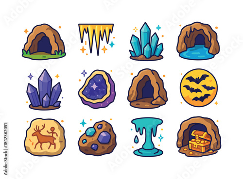 Underground Wonders Icons. Caves, stalactites, and underground w