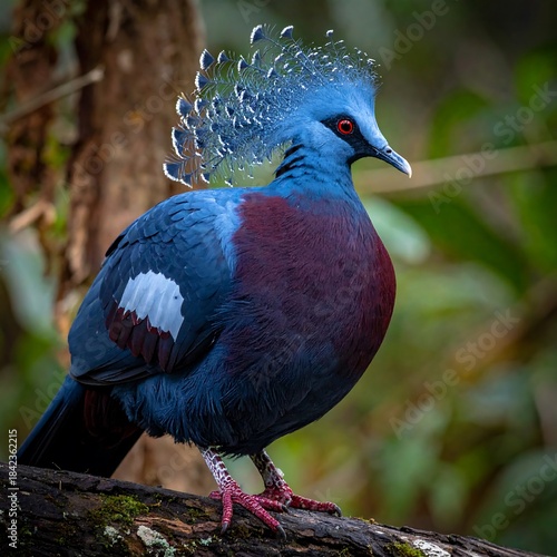 Close-up of a vibrant blue, red, and white crowned bird perched on a branch in nature