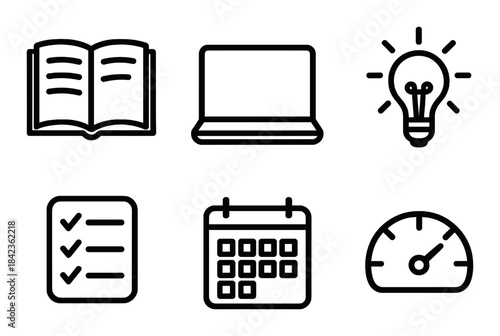 Minimalist icons: book, laptop, light bulb, checklist, calendar, speedometer on black