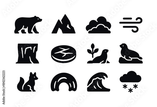Polar Icons Collection. Polar environment. Solid icon set of pol