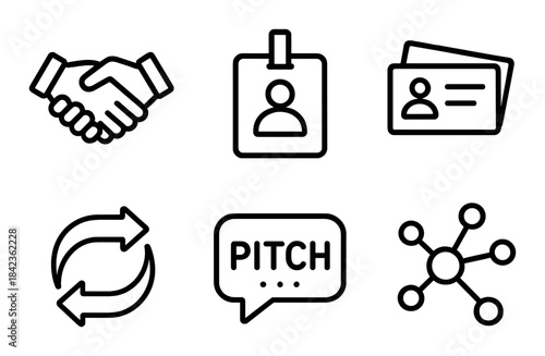 Business icons set featuring handshake, id badge, cards, recycling, pitch, networking